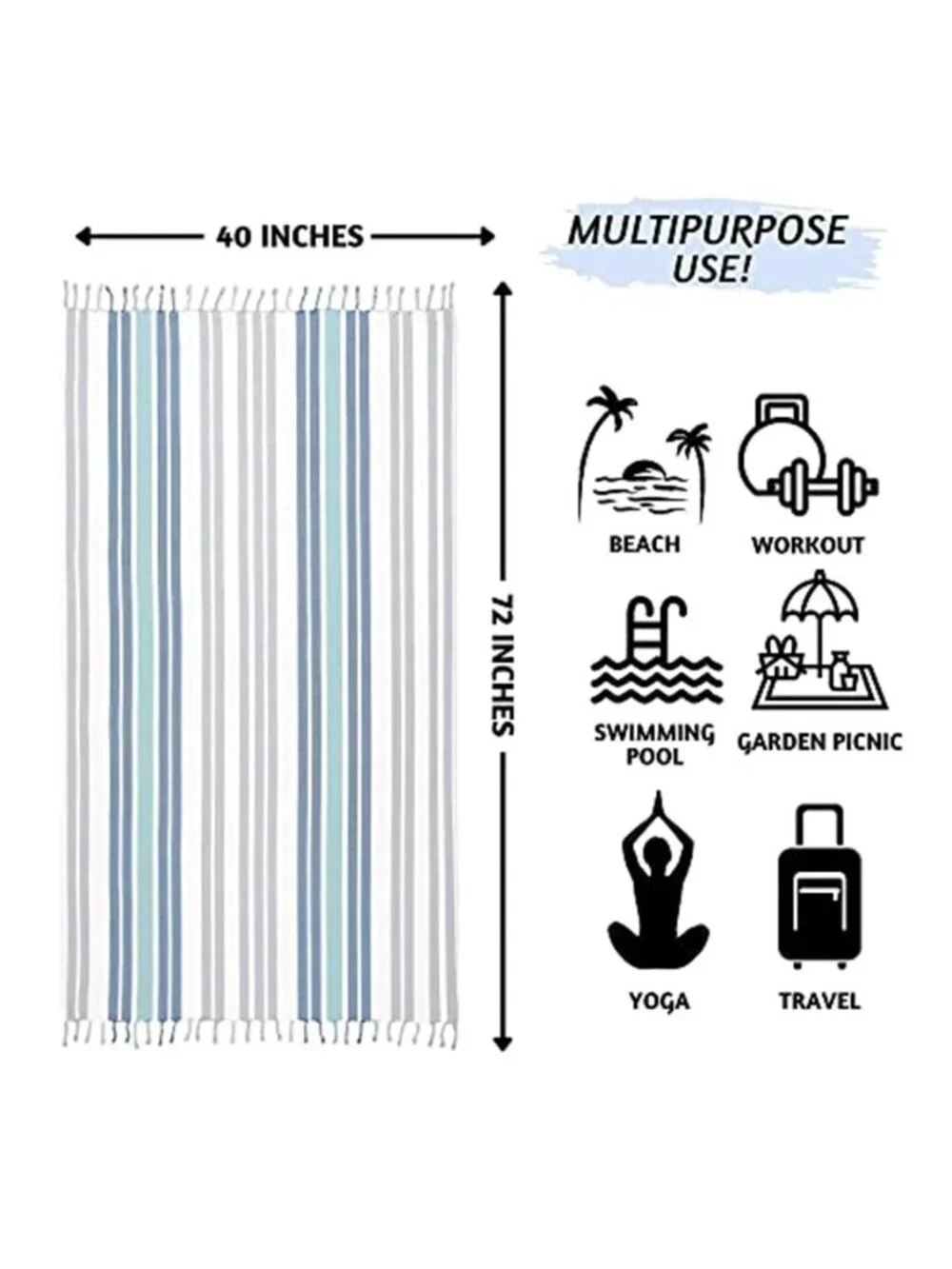 Turkish Beach Towel 40x72 Quick Dry Sandproof Lightweight Cotton Ocean Blue Bag